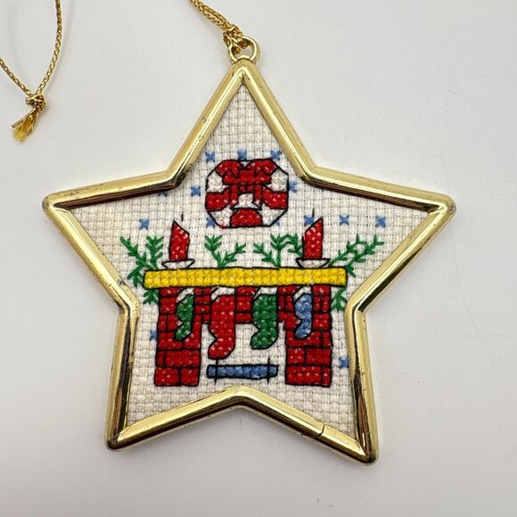 Vintage Cross Stitch Christmas Eve Tree Ornament Star Shaped Gold Tone Stockings - Picture 6 of 7